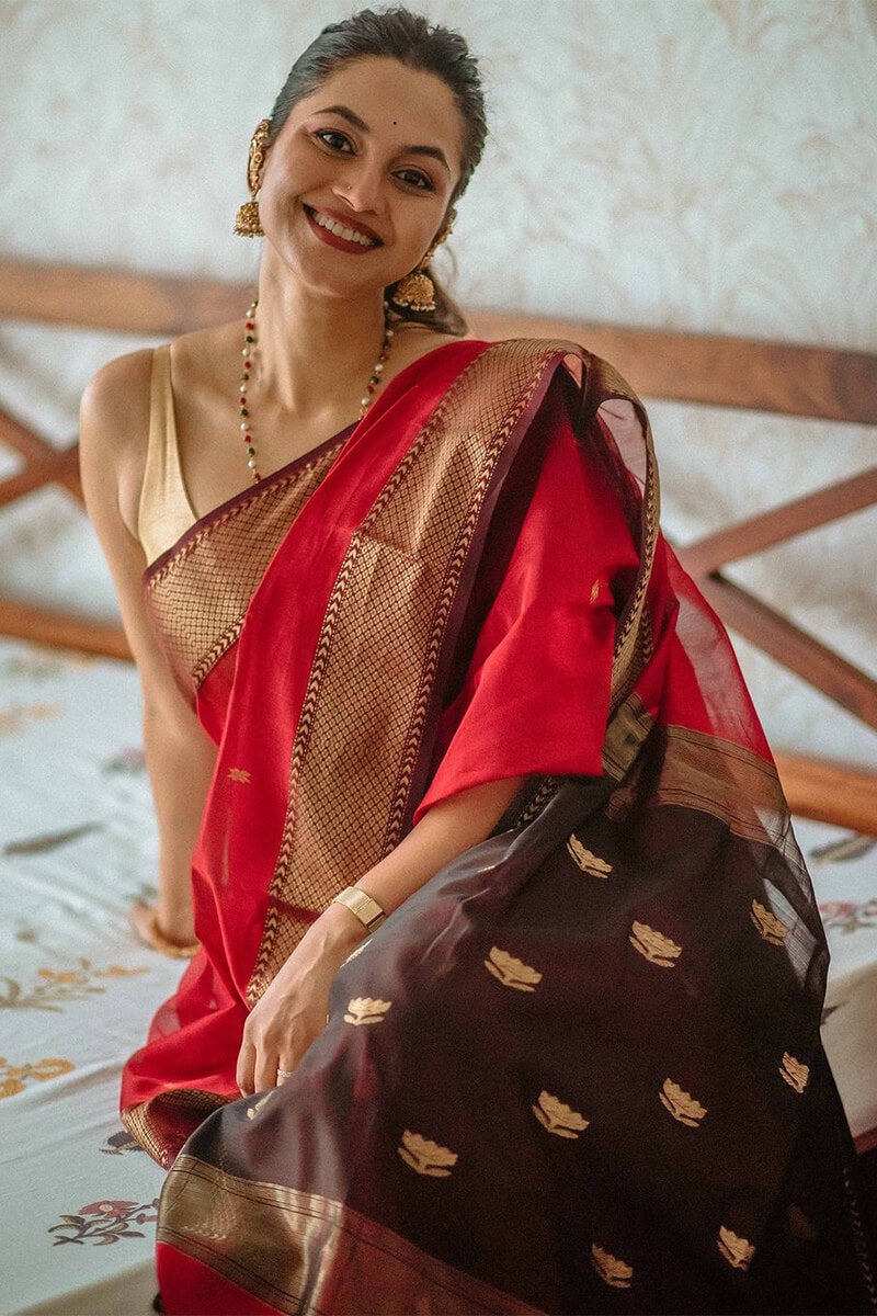 Lovely Red Cotton Silk Saree With Surpassing Blouse Piece