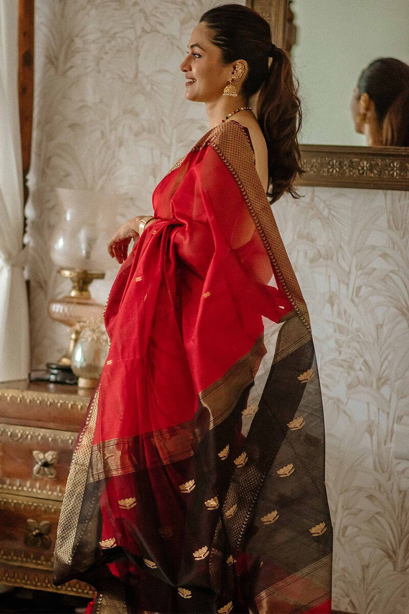 Lovely Red Cotton Silk Saree With Surpassing Blouse Piece