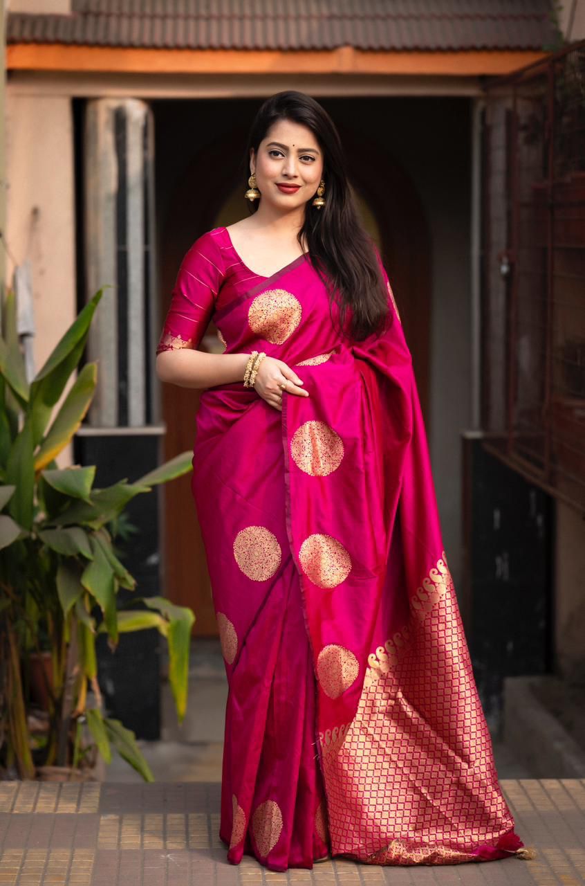 Hypnotic Dark Pink Soft Silk Saree With Staring Blouse Piece