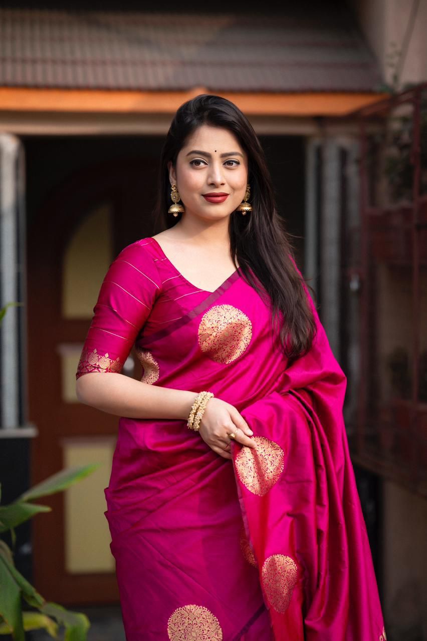 Hypnotic Dark Pink Soft Silk Saree With Staring Blouse Piece