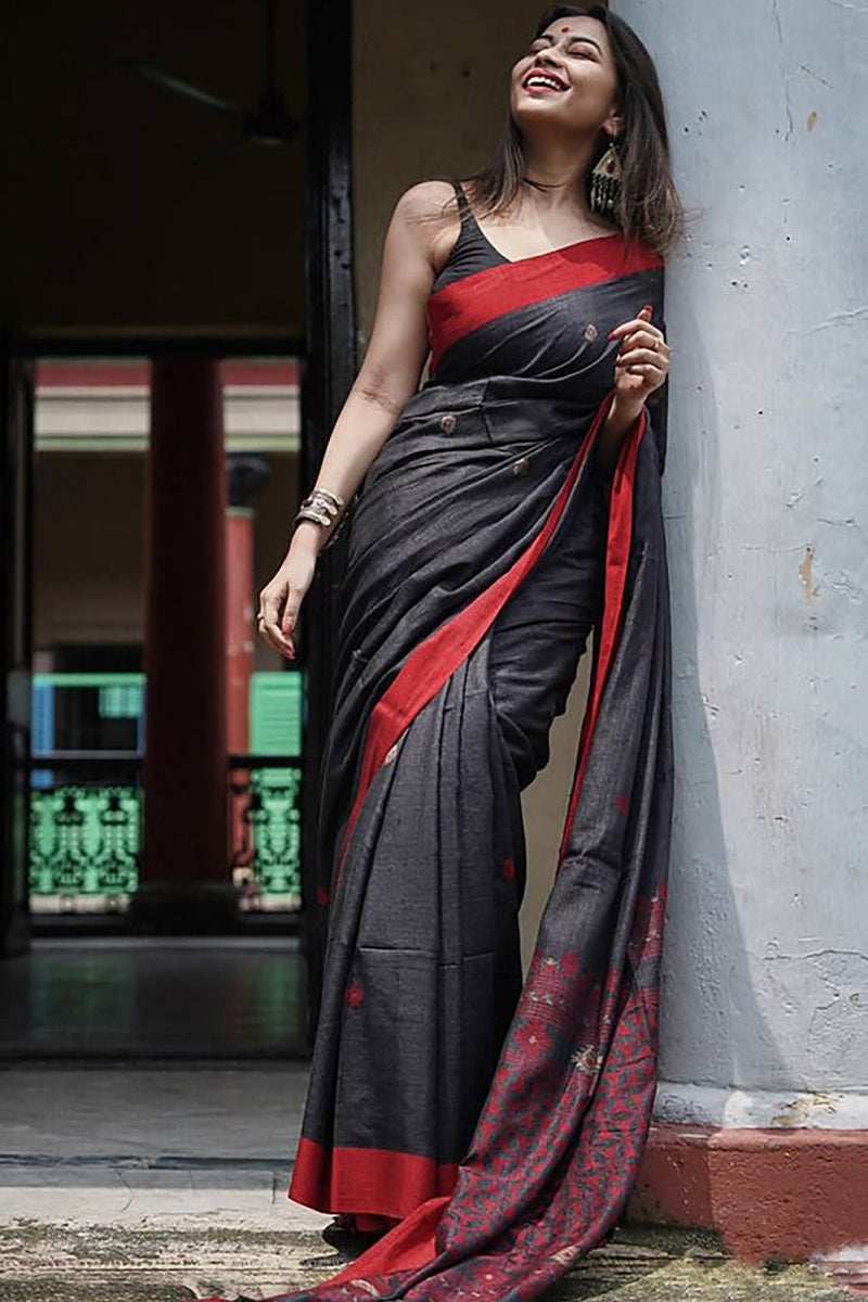 Radiant Black Cotton Silk Saree With Scintilla Blouse Piece