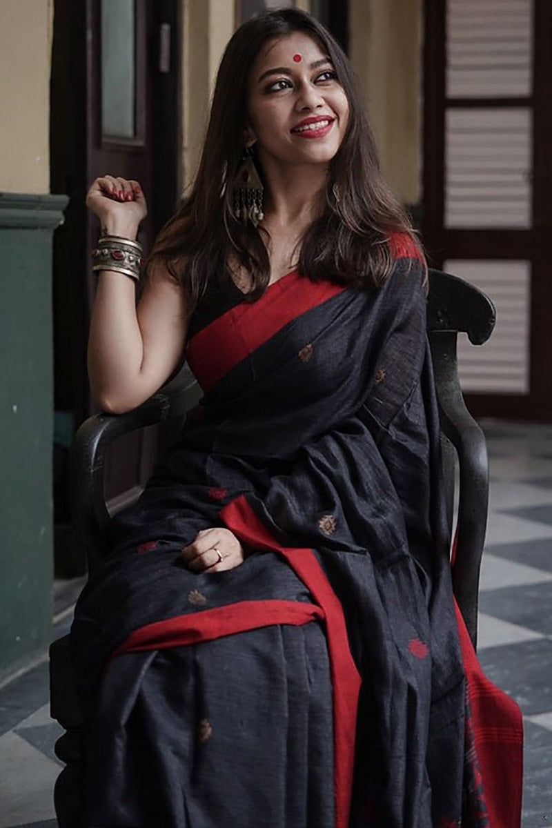 Radiant Black Cotton Silk Saree With Scintilla Blouse Piece