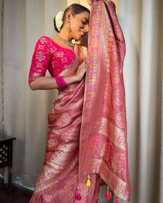 Energetic Peach Soft Silk Saree With Intricate Blouse Piece