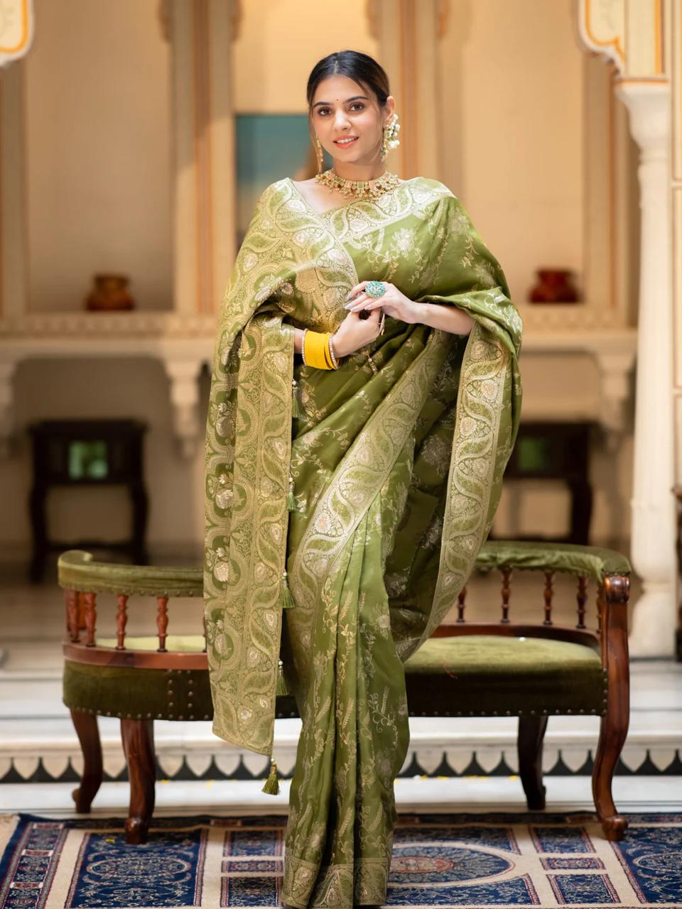 Enigmatic Mehndi Soft Silk Saree With Serendipity Blouse Piece