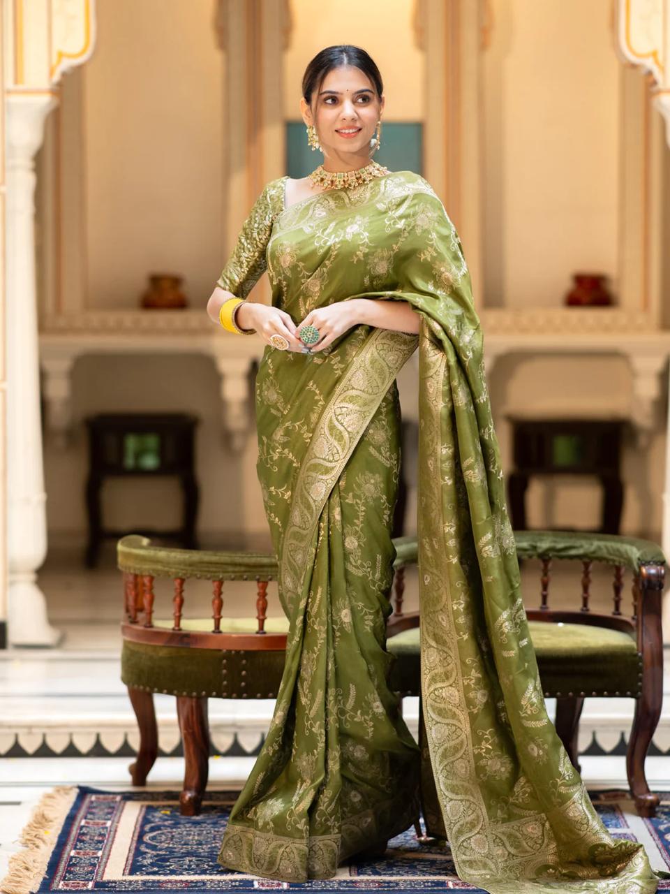 Enigmatic Mehndi Soft Silk Saree With Serendipity Blouse Piece