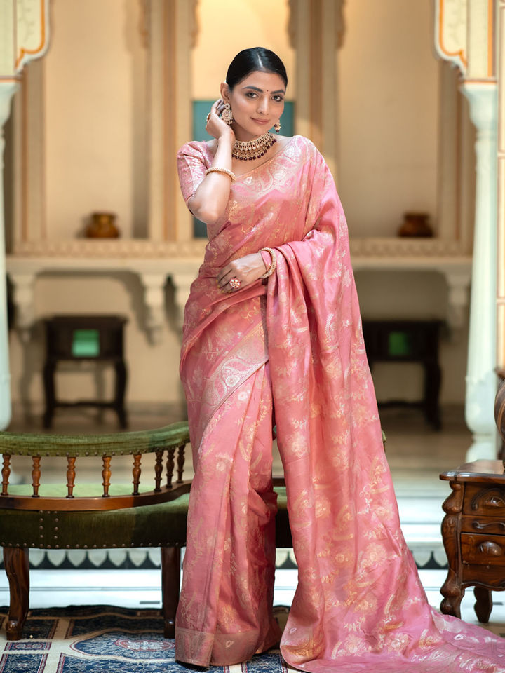 Mesmerising Peach Soft Silk Saree With Sophisticated Blouse Piece