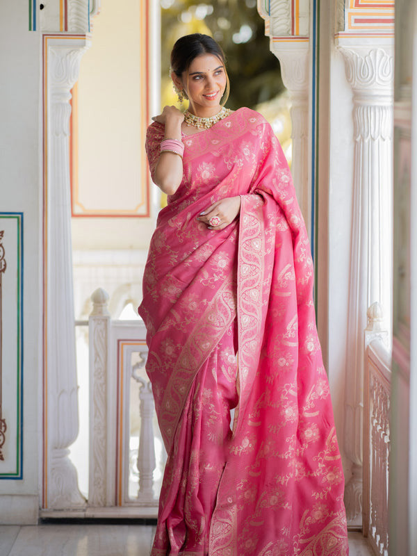 Flattering Pink Soft Silk Saree With Innovative Blouse Piece