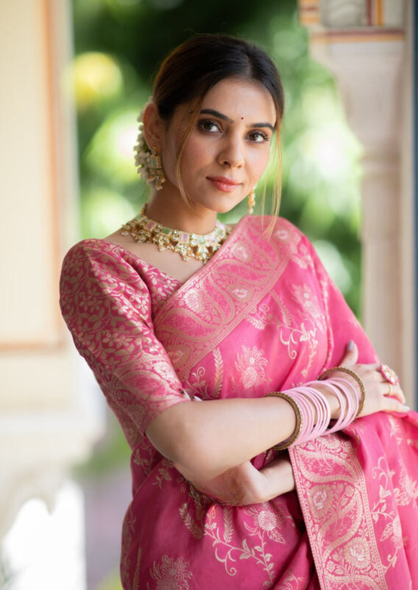 Flattering Pink Soft Silk Saree With Innovative Blouse Piece