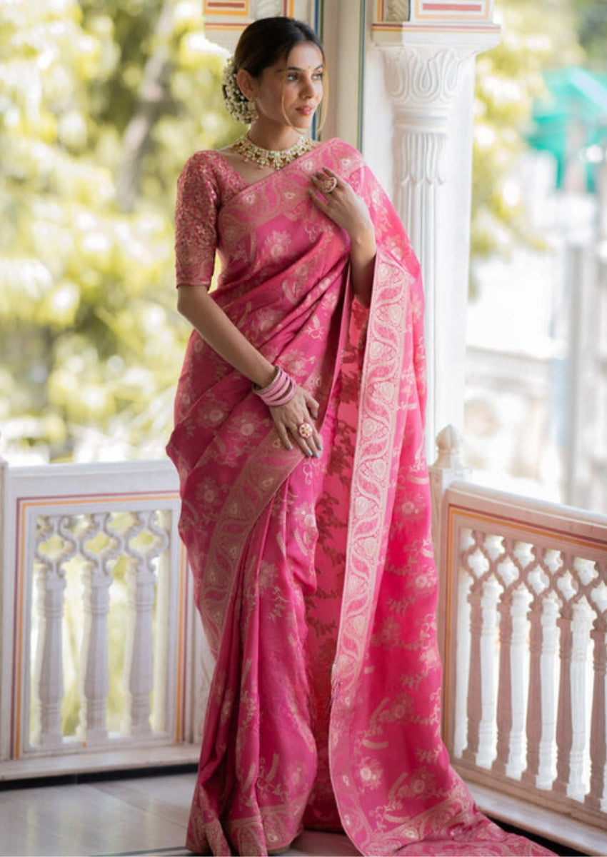 Flattering Pink Soft Silk Saree With Innovative Blouse Piece