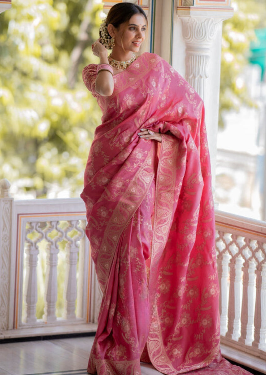 Flattering Pink Soft Silk Saree With Innovative Blouse Piece