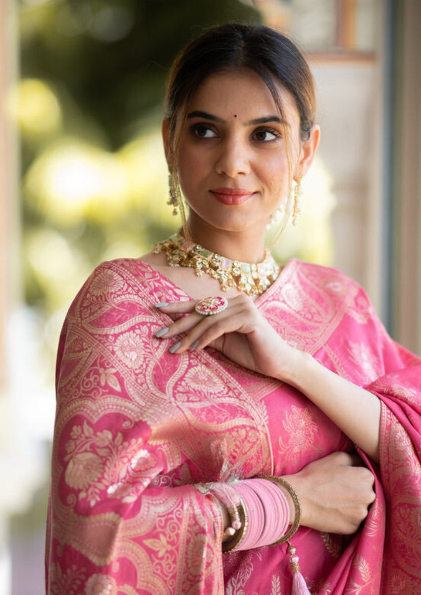 Flattering Pink Soft Silk Saree With Innovative Blouse Piece