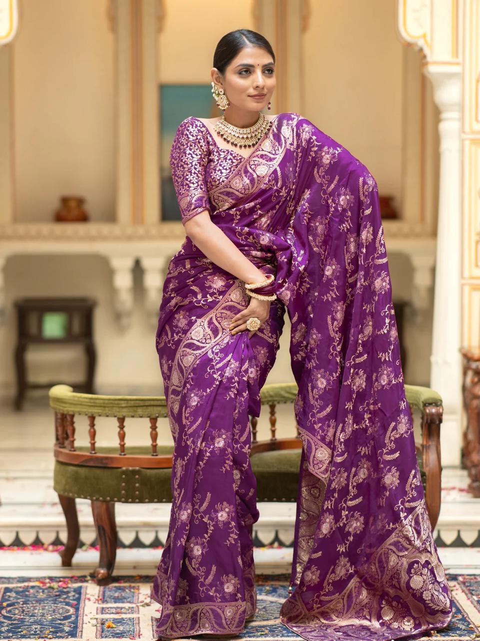 Grandiose Purple Soft Silk Saree With Petrichor Blouse Piece