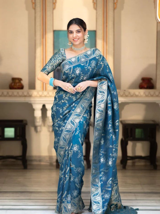 Eclat Rama Soft Silk Saree With Embrocation Blouse Piece
