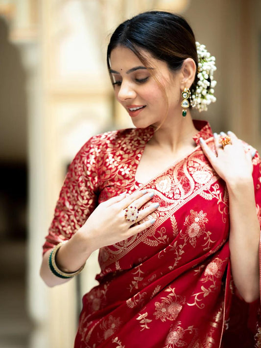 Ephemeral Red Soft Silk Saree With Traditional Blouse Piece