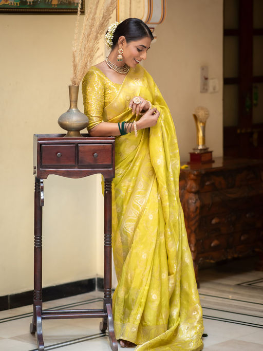 Glowing Yellow Soft Silk Saree With Sensational Blouse Piece