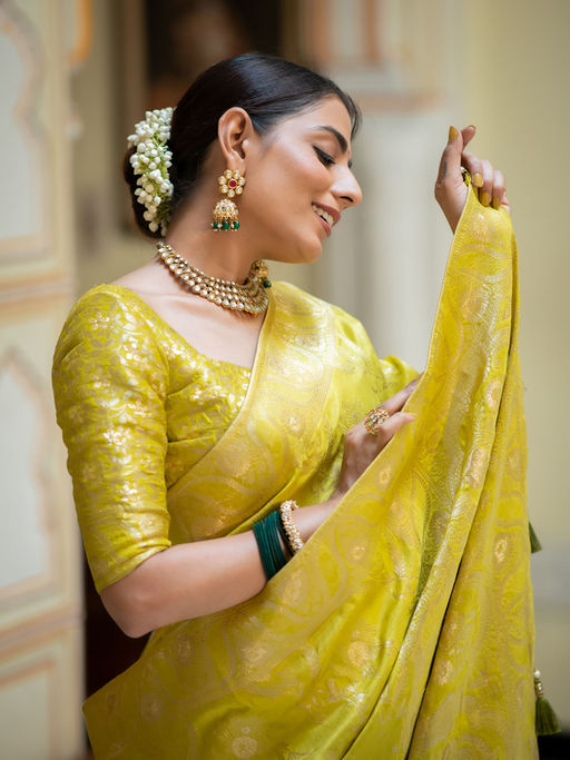 Glowing Yellow Soft Silk Saree With Sensational Blouse Piece