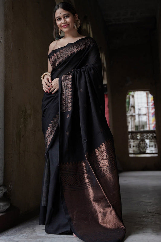 Invaluable Black Soft Silk Saree With Staring Blouse Piece