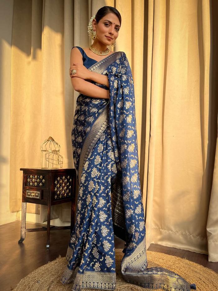 Opulent Navy Blue Soft Silk Saree With Radiant Blouse Piece