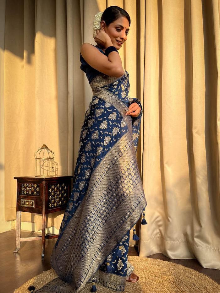 Opulent Navy Blue Soft Silk Saree With Radiant Blouse Piece