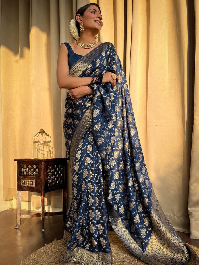 Opulent Navy Blue Soft Silk Saree With Radiant Blouse Piece