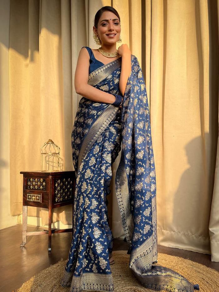 Opulent Navy Blue Soft Silk Saree With Radiant Blouse Piece