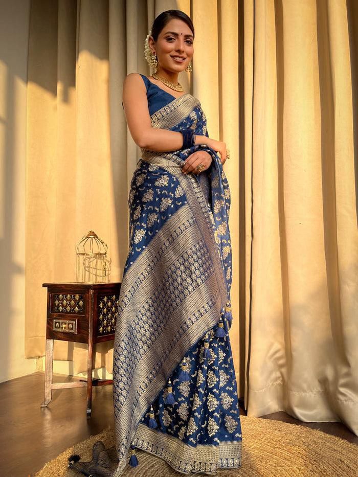 Opulent Navy Blue Soft Silk Saree With Radiant Blouse Piece