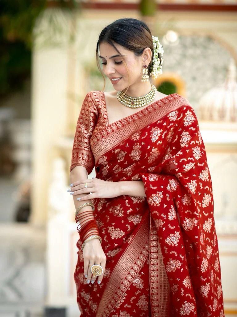 Enigmatic Red Soft Silk Saree With Splendorous Blouse Piece