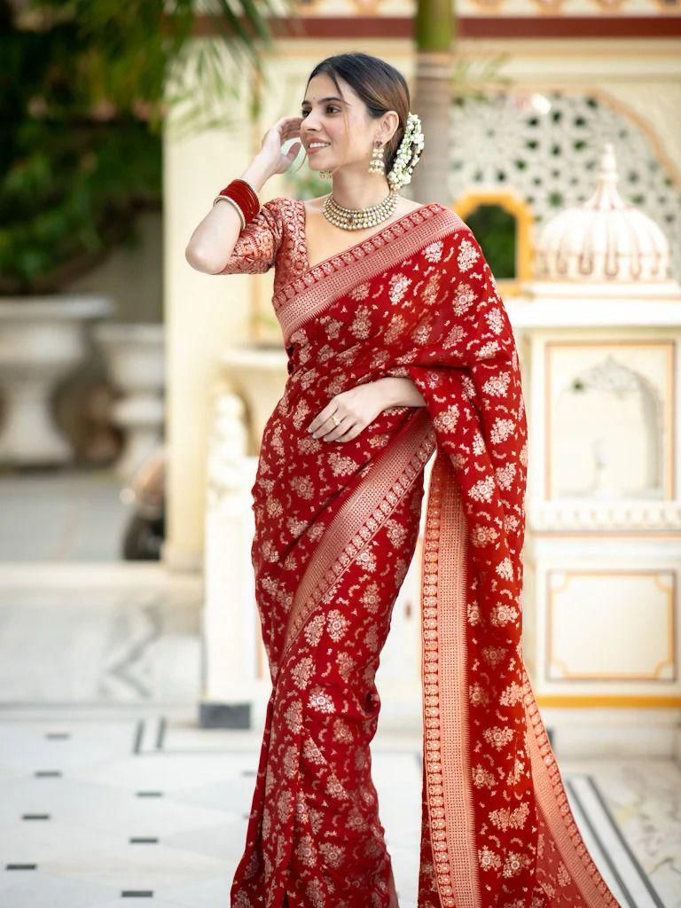 Enigmatic Red Soft Silk Saree With Splendorous Blouse Piece