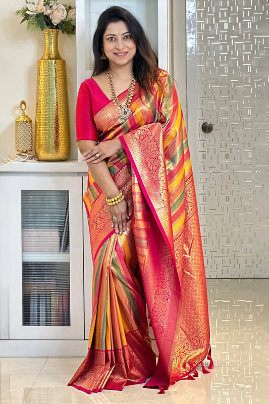 Gleaming Multicolor Pure Zari Weaving Banarasi Silk Saree With Beautiful Blouse Piece