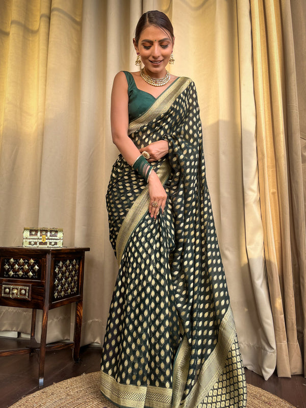 Sonorous Dark Green Soft Banarasi Silk Saree With Flaunt Blouse