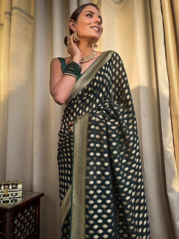 Sonorous Dark Green Soft Banarasi Silk Saree With Flaunt Blouse