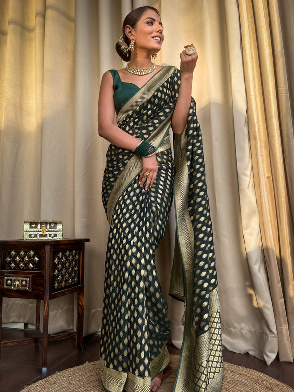 Sonorous Dark Green Soft Banarasi Silk Saree With Flaunt Blouse