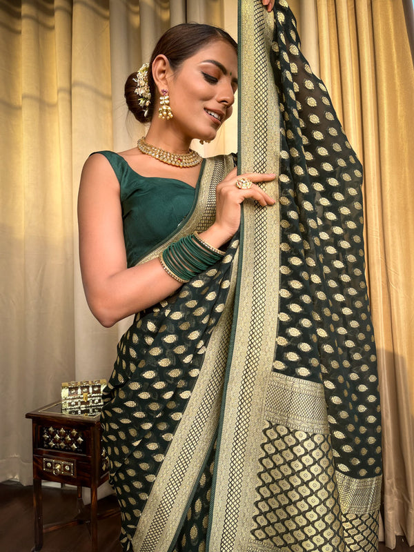 Sonorous Dark Green Soft Banarasi Silk Saree With Flaunt Blouse