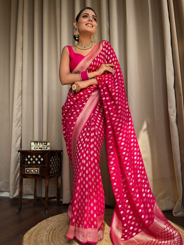 Posh Dark Pink Soft Banarasi Silk Saree With Desiring Blouse