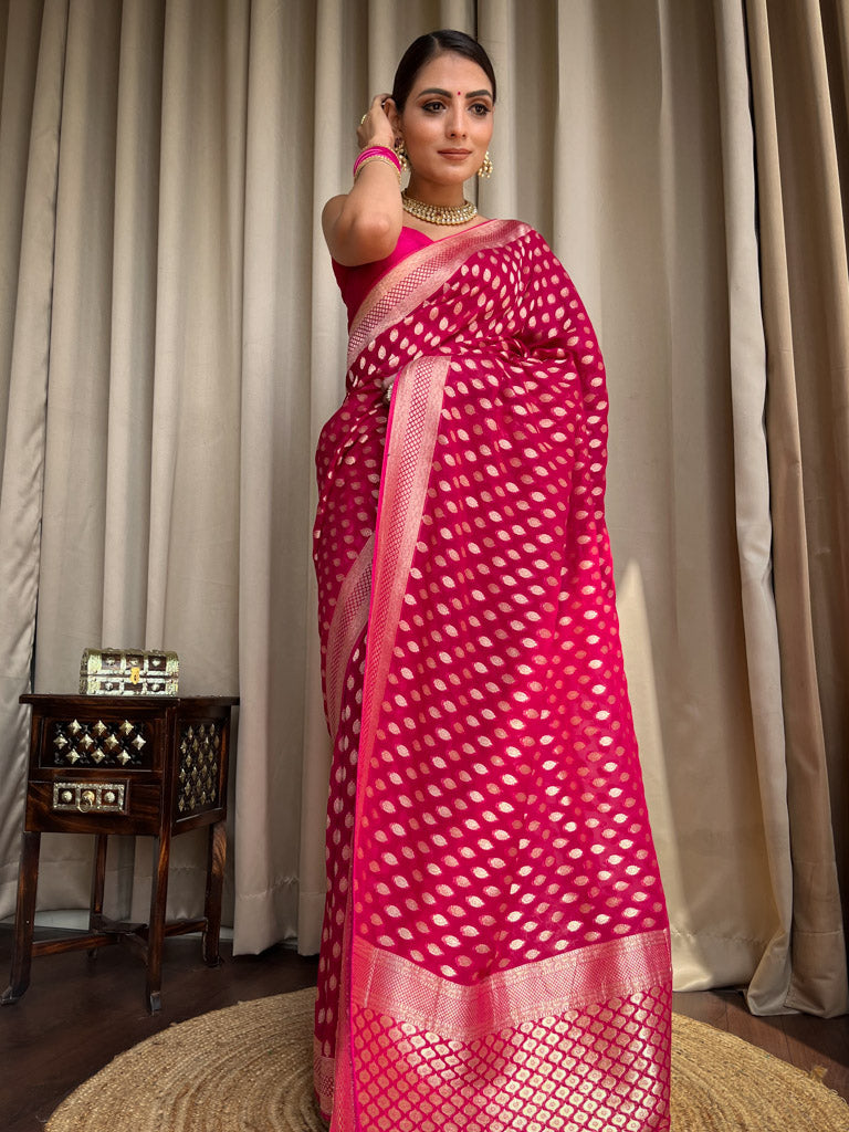 Posh Dark Pink Soft Banarasi Silk Saree With Desiring Blouse