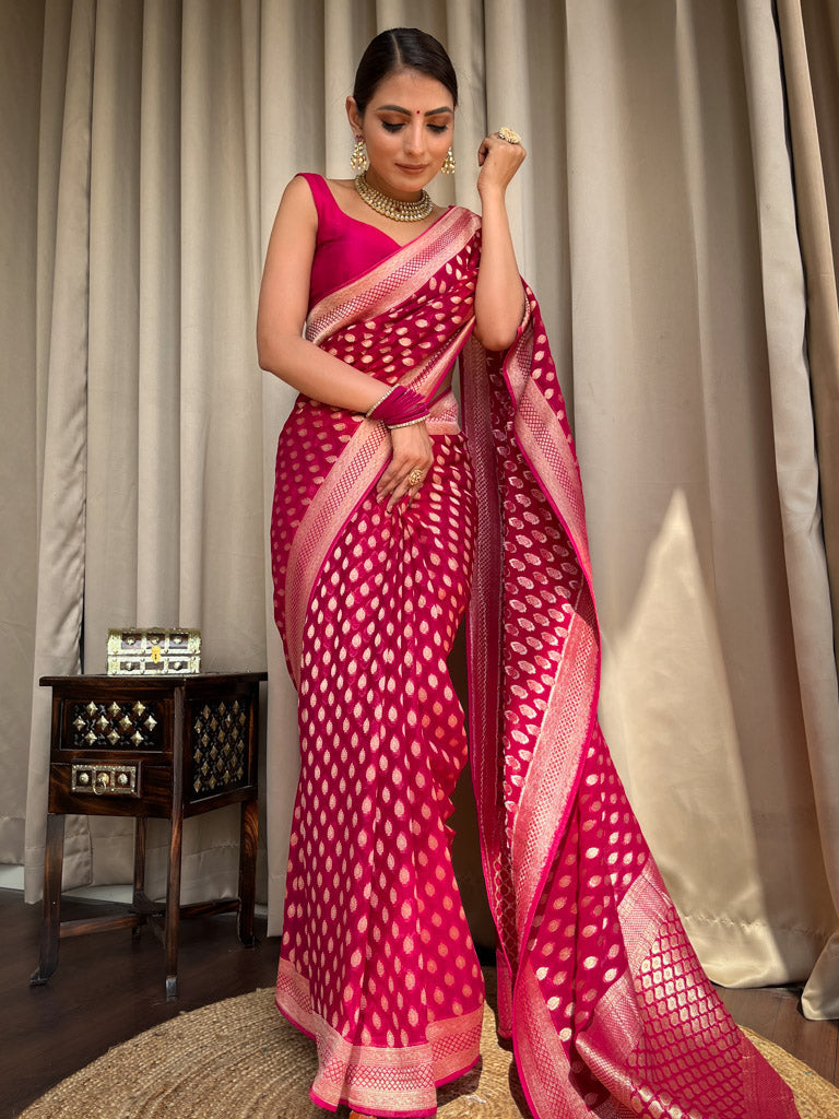 Posh Dark Pink Soft Banarasi Silk Saree With Desiring Blouse