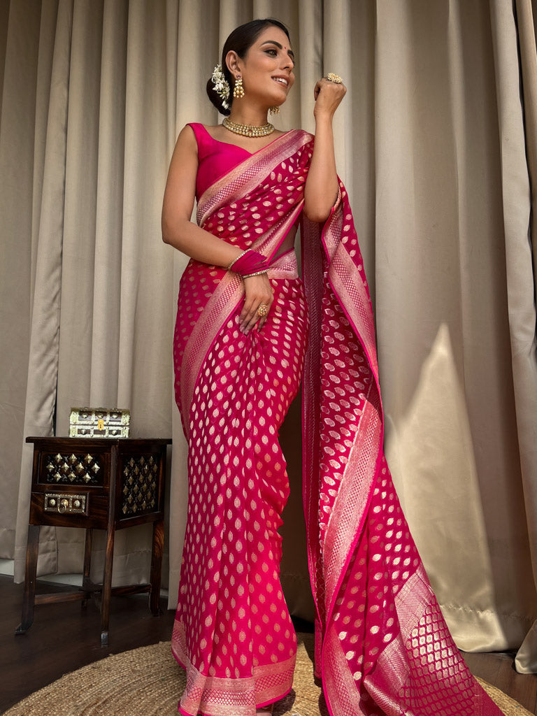 Posh Dark Pink Soft Banarasi Silk Saree With Desiring Blouse