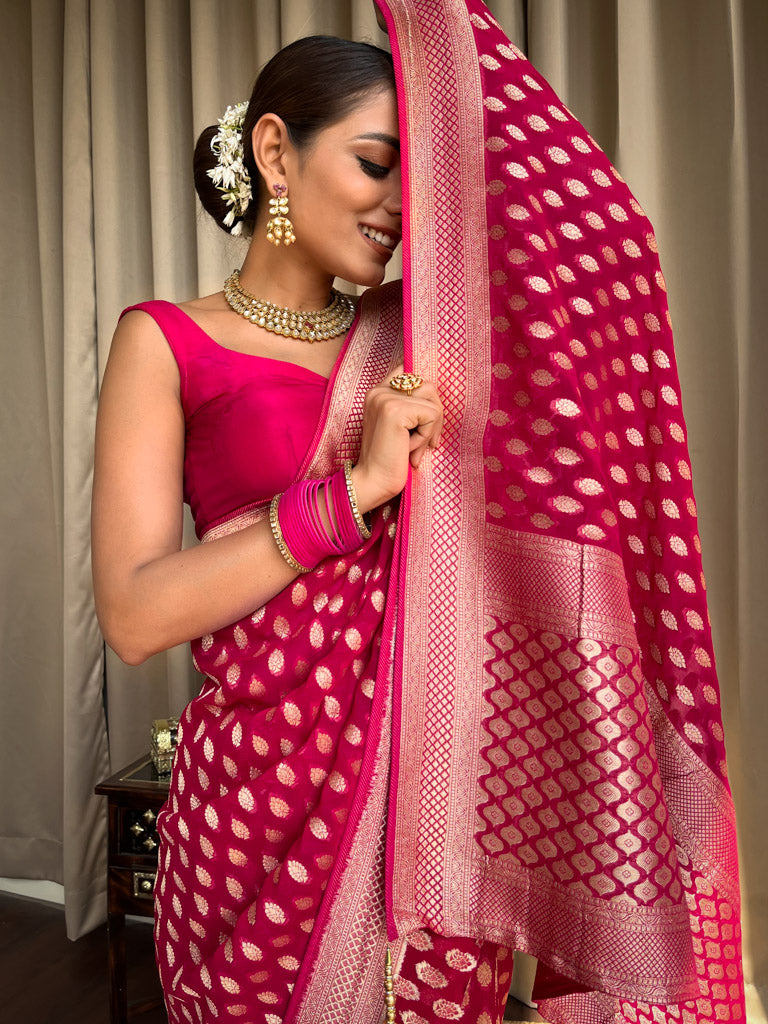 Posh Dark Pink Soft Banarasi Silk Saree With Desiring Blouse