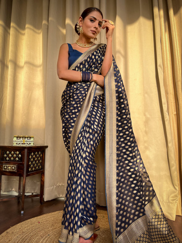 Zephyr Navy Blue Soft Banarasi Silk Saree With Flamboyant Blouse