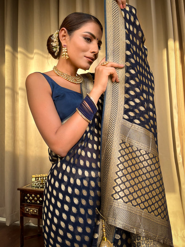 Zephyr Navy Blue Soft Banarasi Silk Saree With Flamboyant Blouse