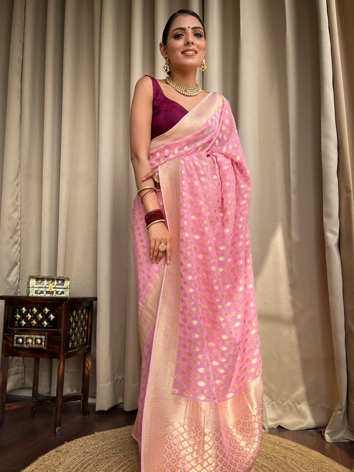 Panache Pink Soft Banarasi Silk Saree With Admirable Blouse