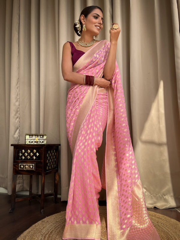 Panache Pink Soft Banarasi Silk Saree With Admirable Blouse