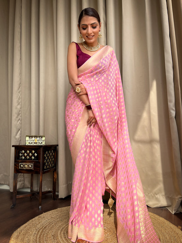 Panache Pink Soft Banarasi Silk Saree With Admirable Blouse