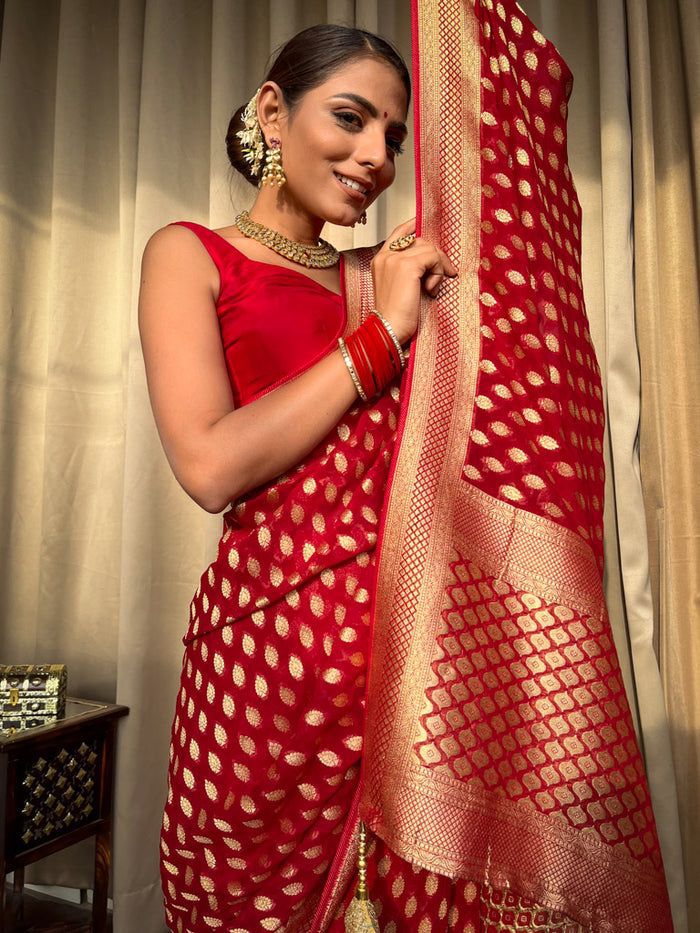 Winsome Red Soft Banarasi Silk Saree With Dalliance Blouse