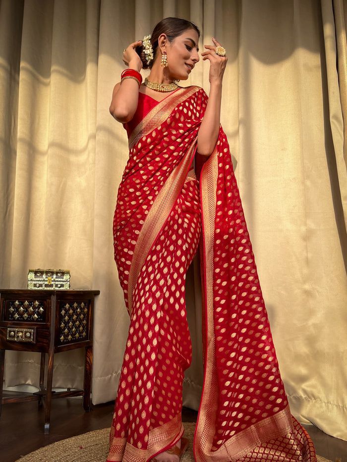 Winsome Red Soft Banarasi Silk Saree With Dalliance Blouse