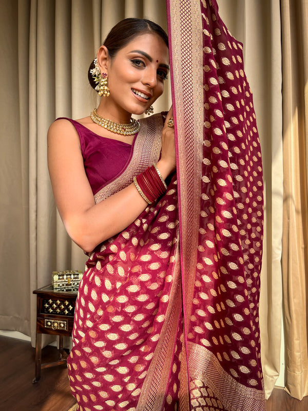 Resplendent Wine Soft Banarasi Silk Saree With Embrocation Blouse