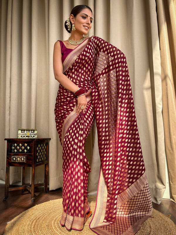 Resplendent Wine Soft Banarasi Silk Saree With Embrocation Blouse