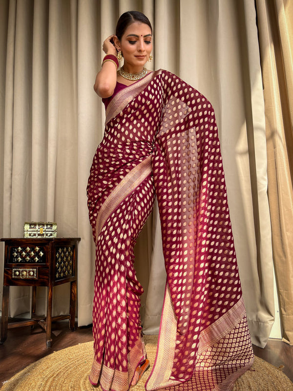 Resplendent Wine Soft Banarasi Silk Saree With Embrocation Blouse