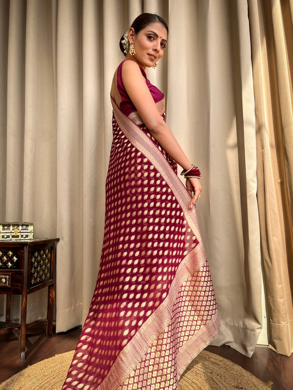 Resplendent Wine Soft Banarasi Silk Saree With Embrocation Blouse