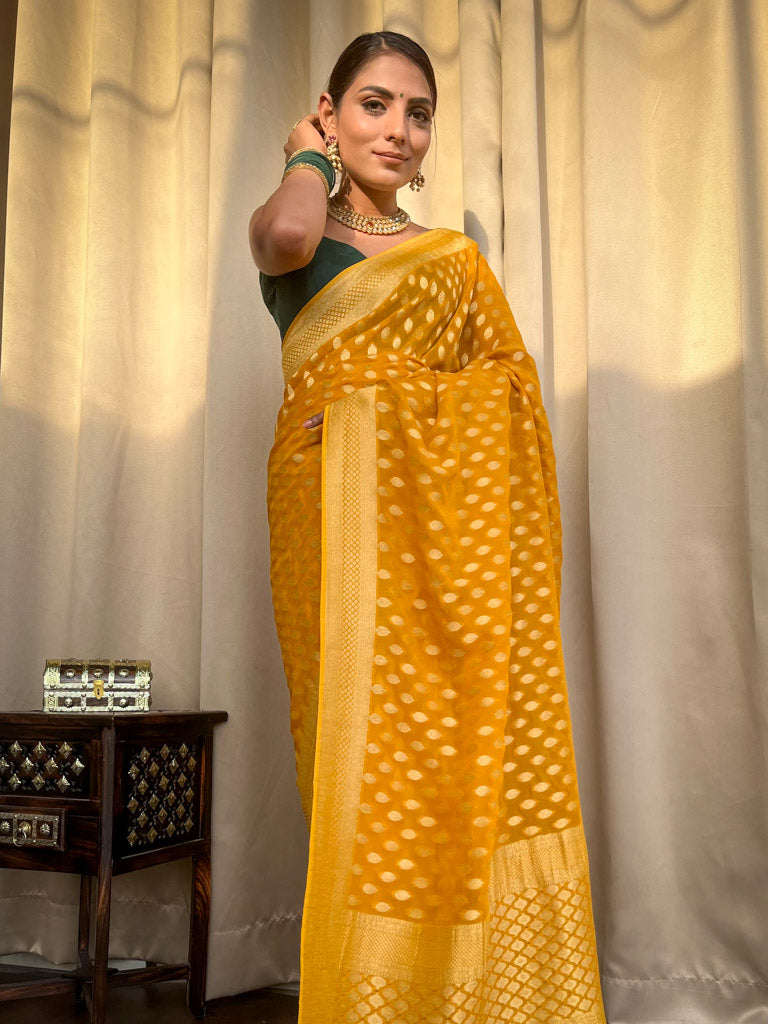 Exemplary Yellow Soft Banarasi Silk Saree With Ratatouille Blouse